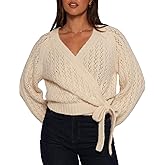 Esmeling Women Bow Tie Wrap Sweater V Neck Lantern Sleeves Knitwear Solid Pullover Cropped Cardigan(1082-Apricot-XL)