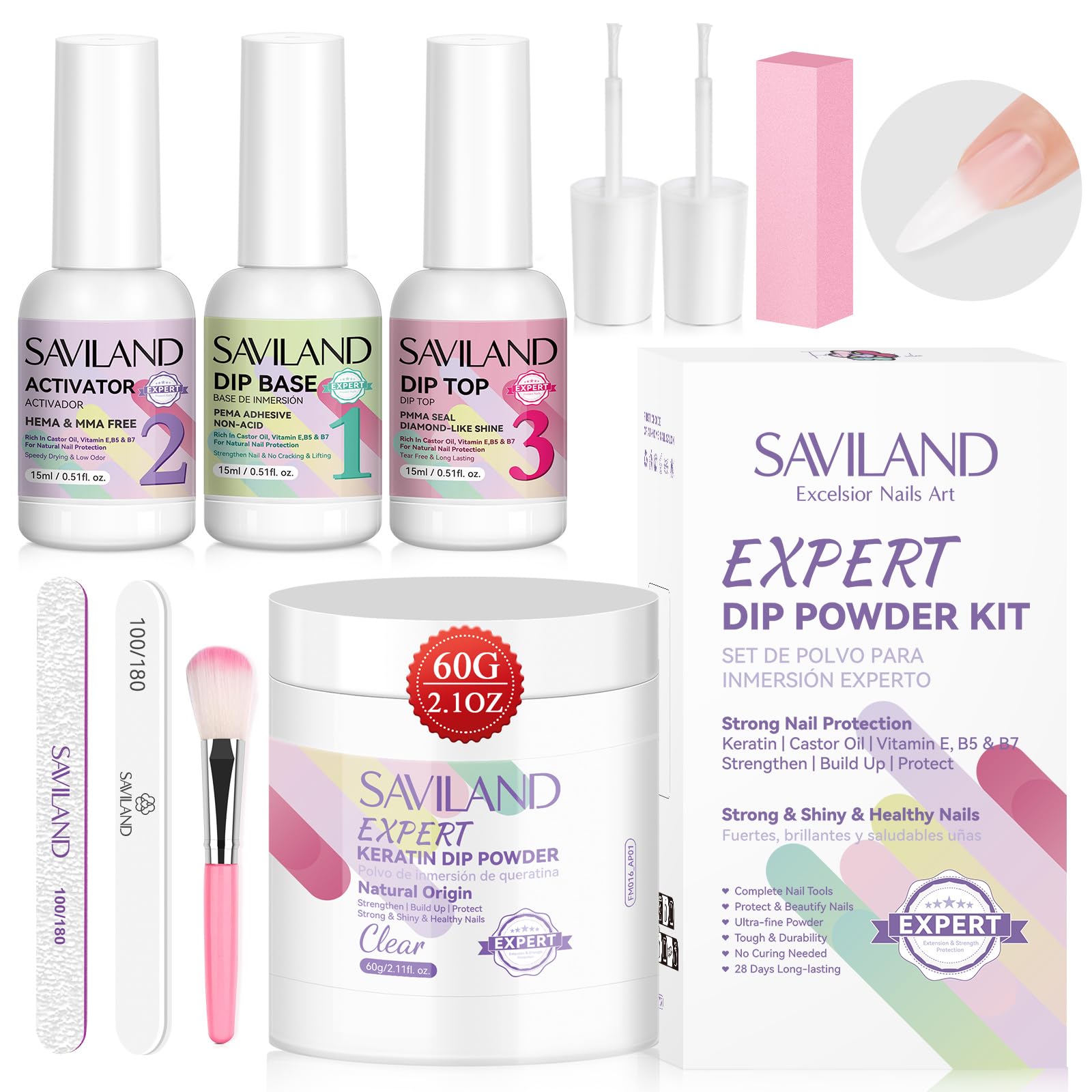 Saviland Complete Dipping Powder Kit: 60g Clear Powder with Liquid for Dipping, Large Capacity and Tools for Nail Manicure