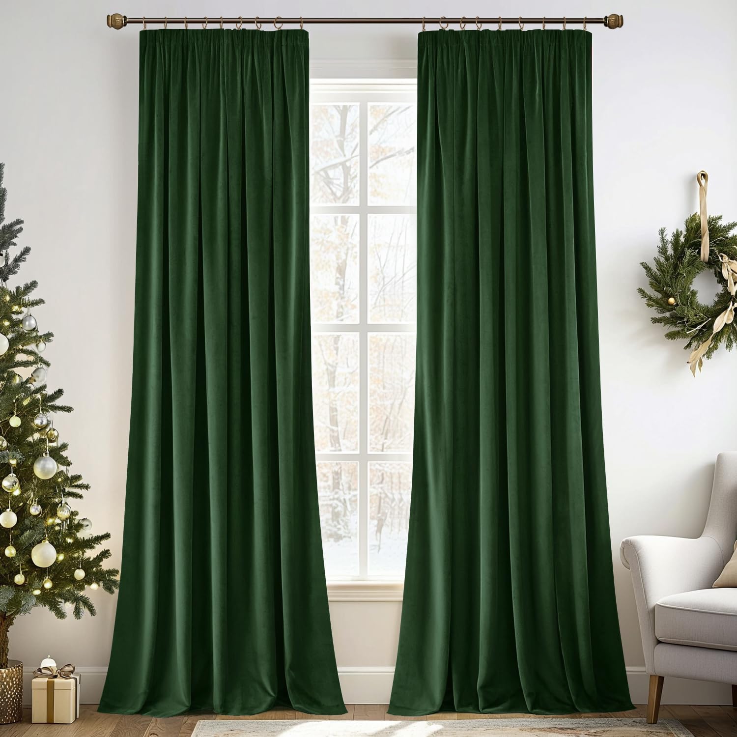 MIULEE Dark Green Velvet Pencil Pleat Darkening Curtains for Bedroom 2 Panel Set, Super Soft Luxury Home Decor Living Room, Thick Room Darkening Curtains 90 Drop, Each 46 x 90 Inche