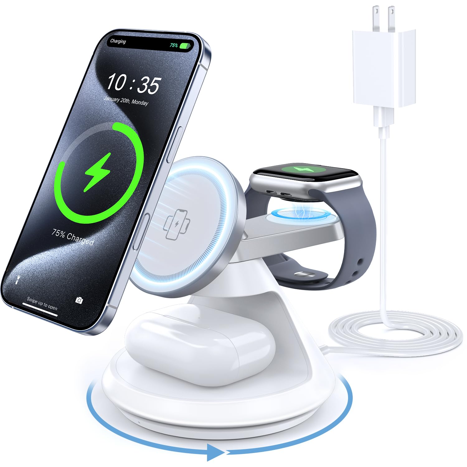Photo 1 of 3 in 1 Charging Station for Apple MagSafe Charger Compatible, 15W Magnetic Wireless Charger Stand, 360° Rotating Dock, Wireless Charging Station for iPhone 16 15 14 13 12 Series for iWatch for AirPods