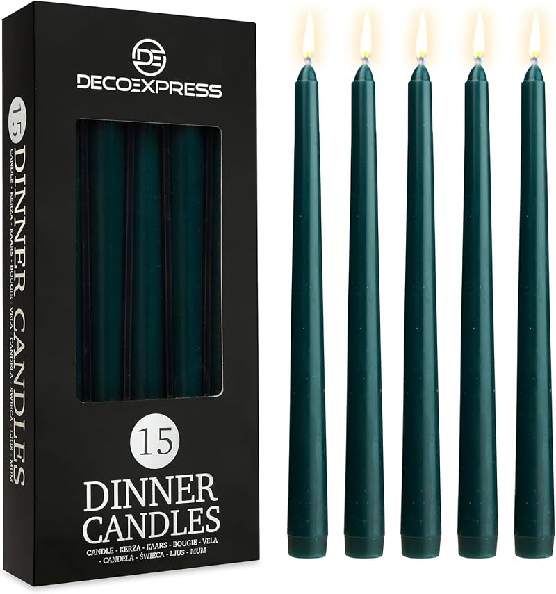 DECO EXPRESS Candles Set 15 Pack Unscented Dripless Tapered Metallic Green