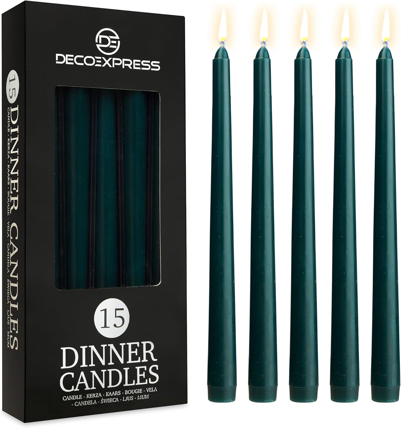 DECO EXPRESS Candles Set, Pack of 15 Classic Dripless Tapered Metallic Dinner Candles, Unscented with 8 Hours Burning Time, Home, Valentine’s Day & Mother’s Day Decor Idea (Green, 15 Pack)