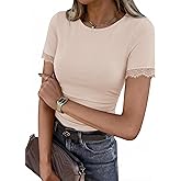 ZESICA Women's 2026 Spring Lace Short Sleeve T Shirts Summer Crewneck Fitted Going Out Tops Dressy Fashion Clothes