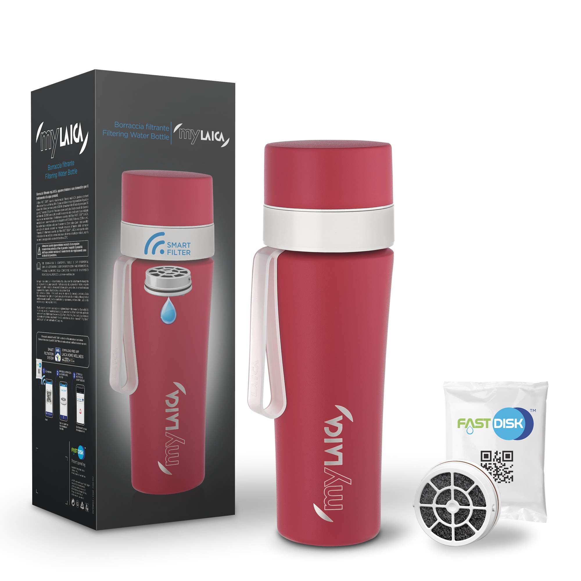 Laica MyLaica Personal Sports Bottle, 0.5 L, Stainless Steel, Filter, Red