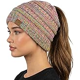 Funky Junque Ponytail Beanie for Women - Winter Ponyback Hat Soft Stretch Cable Knit High Pony Tail Womens Running Hats