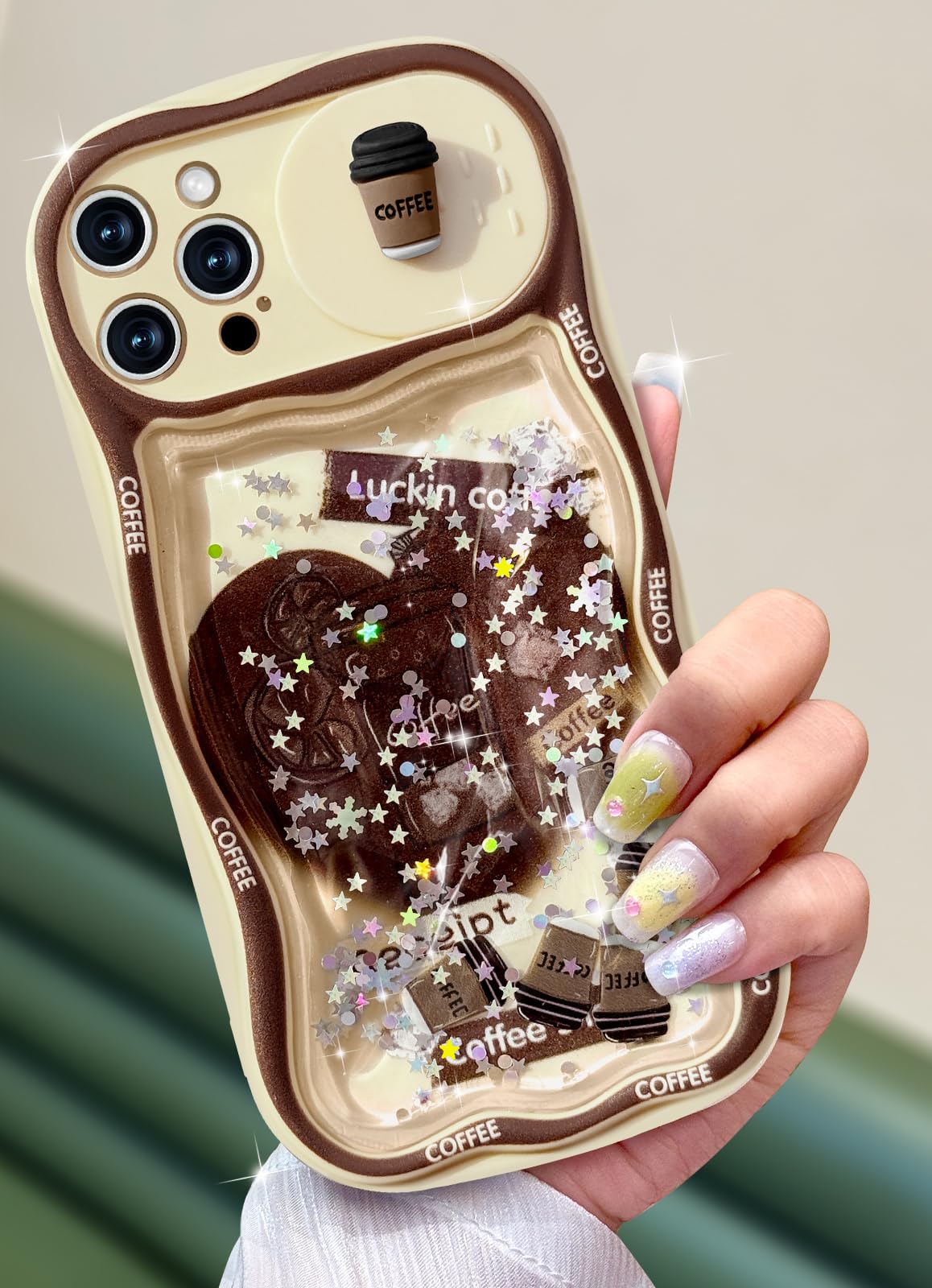 Photo 1 of Toycamp for iPhone 12 Pro Max Case - Women Girls Cute Cover Coffee with Sliding Camera Cover Girly Glitter Pretty Cartoon Teens Design Flowing Liquid Quicksand Phone Case for iPhone 12 Pro Max