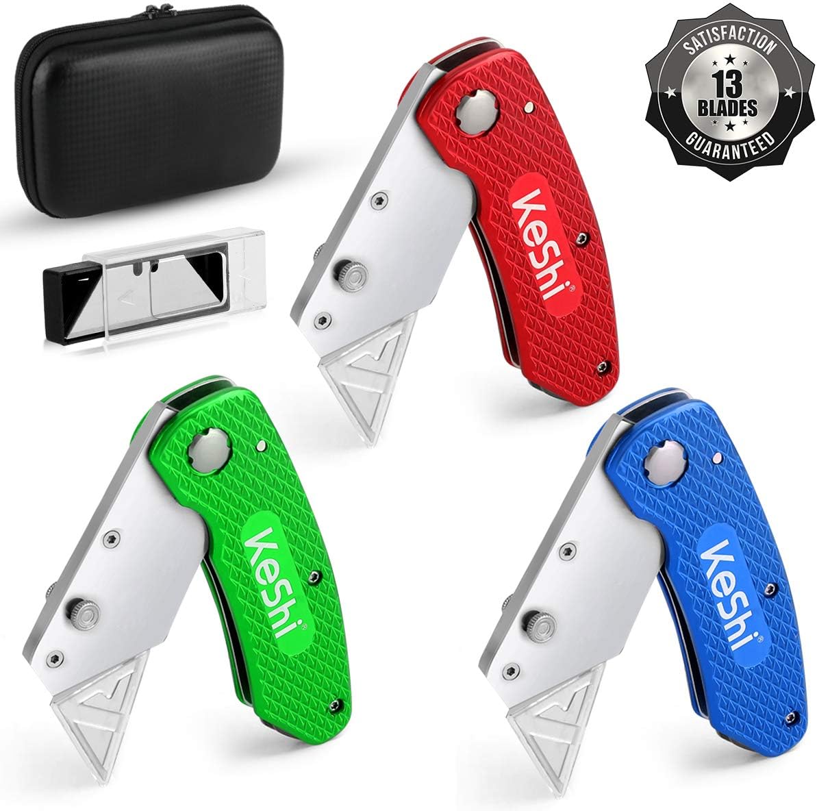 Keshi Utility Knife, Folding Pocket Knife Set with Belt Clip, Set of 3 Quick Change Box Cutters with 10-Piece Extra SK5 Blades