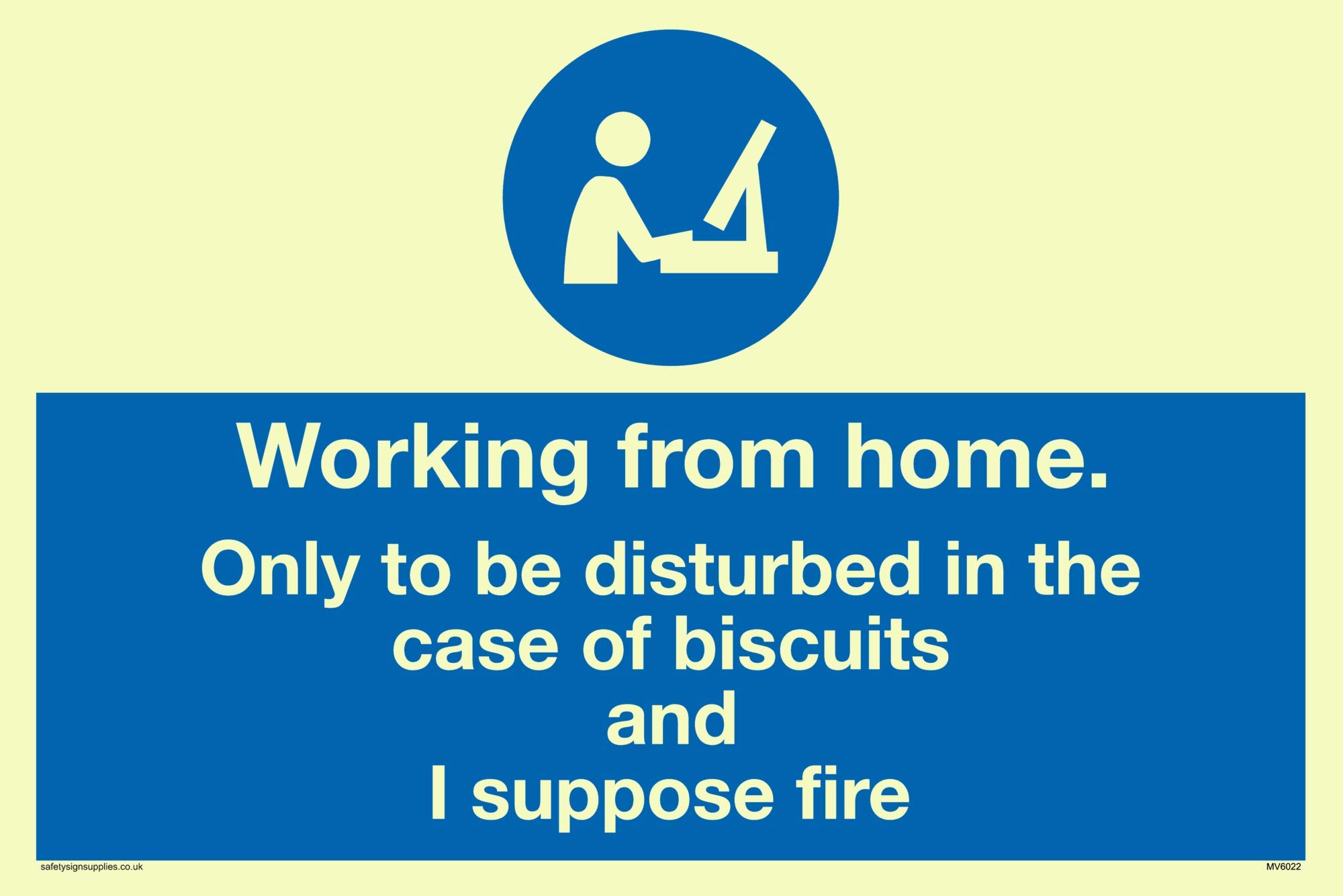 Working from home. Only to be disturbed in the case of biscuits and I suppose fire