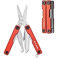 FLISSA Multitool Scissors, 11-in-1 Multi Tool Pocket Knife, Stainless Steel Mini Multitool with Bottle Opener, Screwdriver, Aluminum Handles, Spring - EDC for Outdoor, Camping, Hiking, Fishing, Red