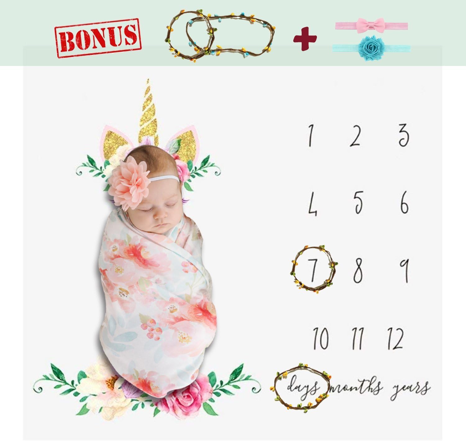 Baby Monthly Milestone Blanket Infant Photography Background Prop with Months Weeks First Year Growth Photo Shoots Props Mat with Wreath Frame Headbands Shower Gifts for Newborn Boy Girl (Unicorn)