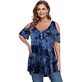 LARACE Cold Shoulder Tops for Women Plus Size V Neck T Shirts Short Sleeve Summer Clothes Button Up Tunic