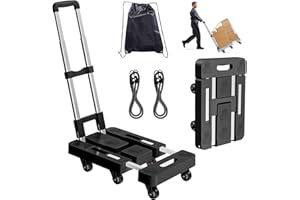 BOOKSUN Folding Hand Truck, Foldable Cart for 500 lbs Heavy Luggage, Hand Truck Dolly, 6-Wheel Foldable Dolly with 2 Ropes, Ideal for Home, Office, and Travel Moving (Black)