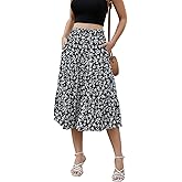 Lyrur Women's Floral Midi Skirt with Pockets High Elastic Waist Flowy Ruffle Casual Summer Boho Aline Skirts