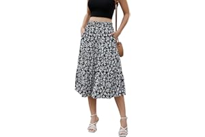 Lyrur Women's Floral Midi Skirt with Pockets High Elastic Waist Flowy Ruffle Casual Summer Boho Aline Skirts