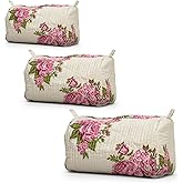 Cotton Hand Block Floral Print Toiletry Bag For Women Make Up Cosmetic Bag Jewelry Organizer Kit Storage Case Travel Accessories Essential Toiletries Purse Pouch (Cream - Set of 3, Small Medium Large)
