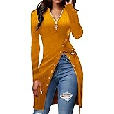 Glozeplus Sexy Sweaters For Women Long Sleeve Tunics Zip Up Ribbed Tops Knit Side Split Asymmetrical Blouse Top