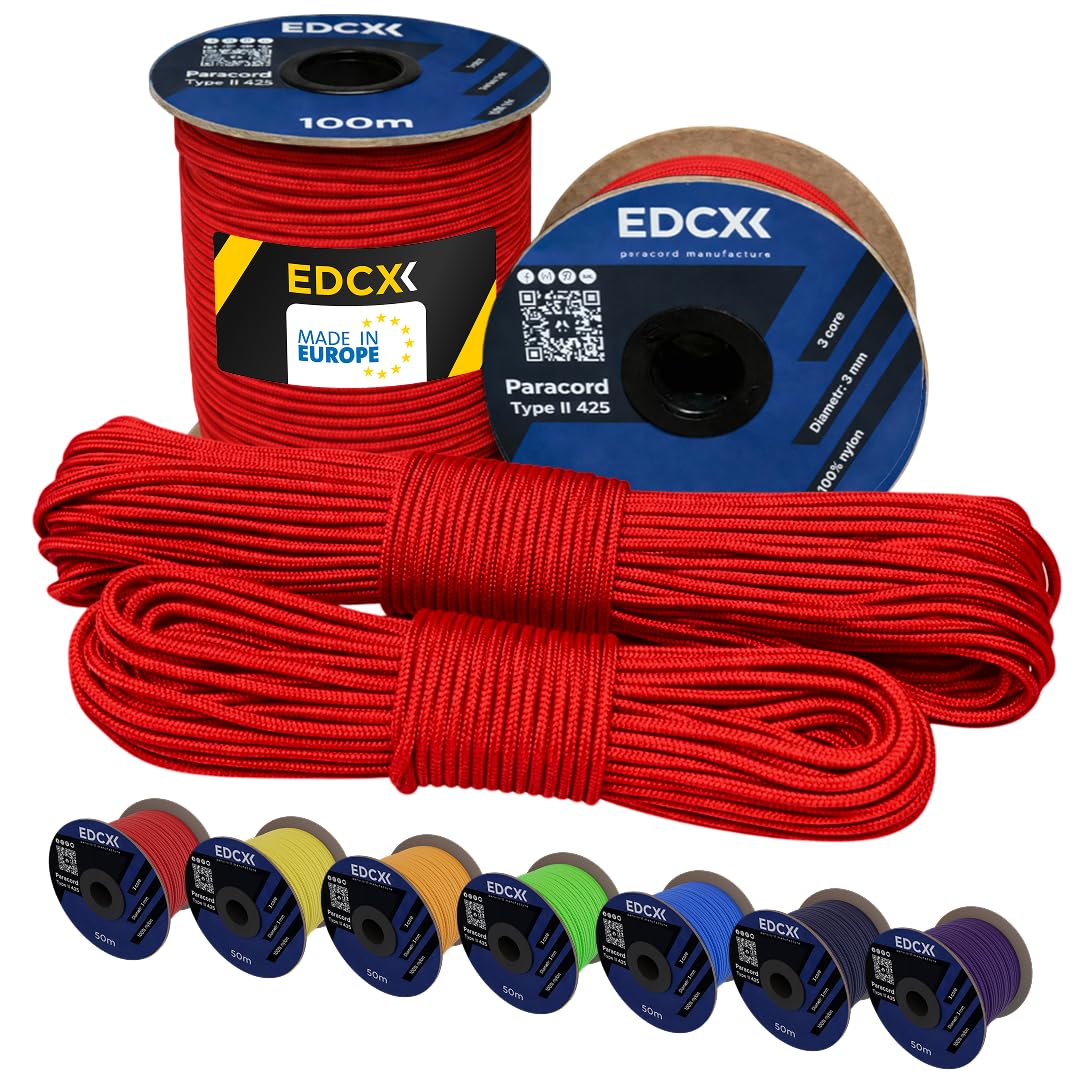 EdcX 3 mm Nylon Paracord 425 (15, 30, 50 and 100m) – 3 mm Type II, 100% Nylon Rope, 3 Strand Rope, 3 mm Nylon Rope in Many Colors (Red, 15 m)