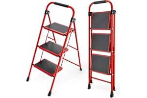 KINGRACK Step Ladder, 3 Step Ladder with with Anti-Slip and Wide Pedal,Portable Foldable Step Stool with Handgrip,Tall Sturdy Step Ladder for Home Kitchen Household,Red