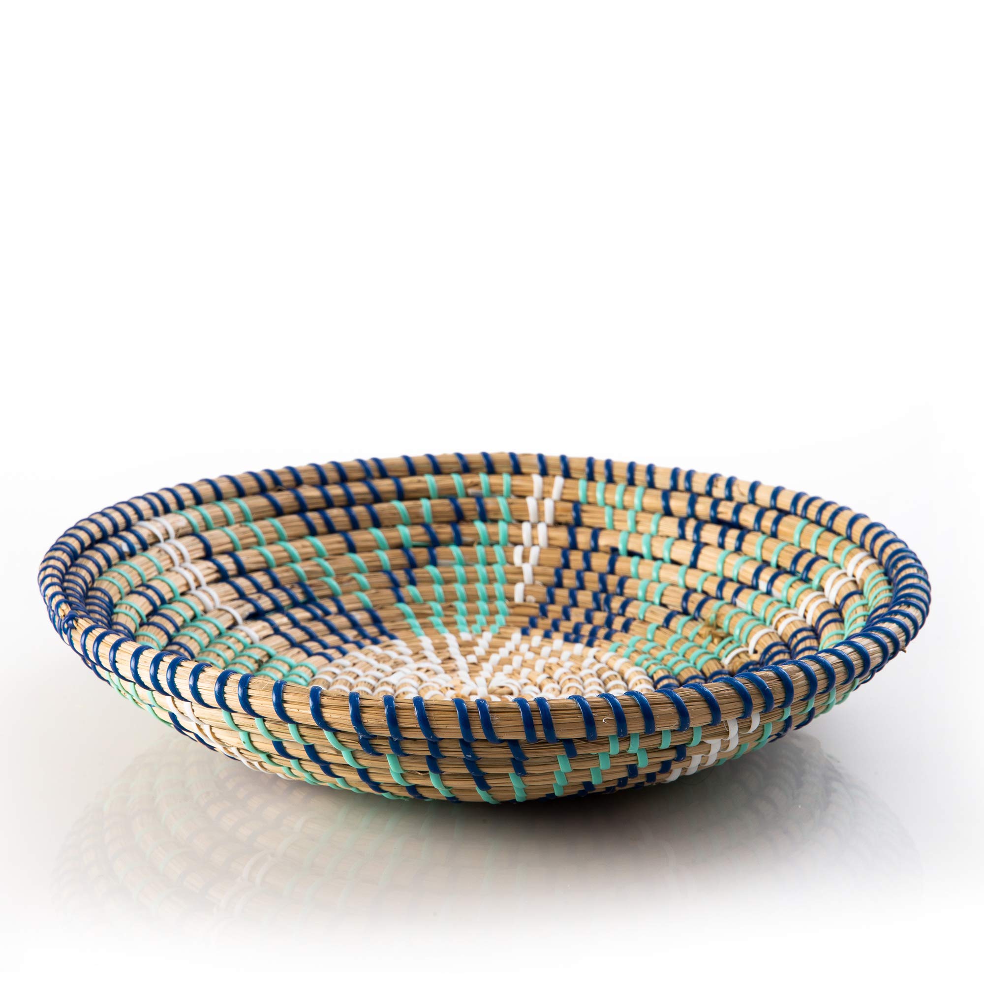 Woven Wall Basket Decor, Seagrass Woven Basket Boho Decor for Home, Bohemian Wall Decor for Living Room, Natural Seagrass Hanging Basket or Fruit Bowl, Rattan Wall Decor 11.8" Diameter Blue Design