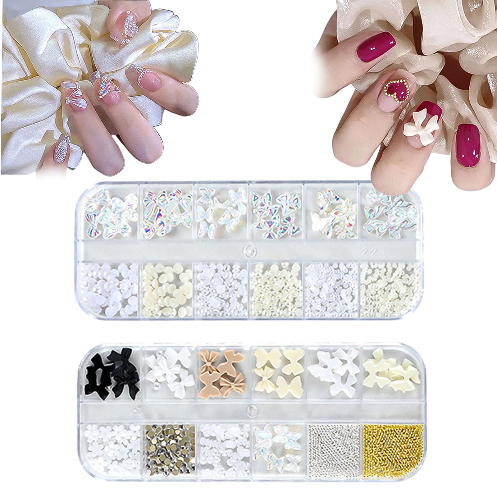 3D Nail Charms, 2 Boxes Multi-Shape Aurora Bow Butterfly Flower Nail Art Charms Nail Pearls Rhinestone Caviar Beads Crystal Nail Gems for Nail Art Decoration DIY Crafts (A)