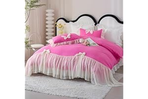 IHOUSTRIY Duvet Cover Twin Size, Ruffle Beddding Set with Bowtie, 2 Pieces Comforter Cover Set with Zipper Closure, Girl Princess Bedding with Pillowcase - Pink, Twin
