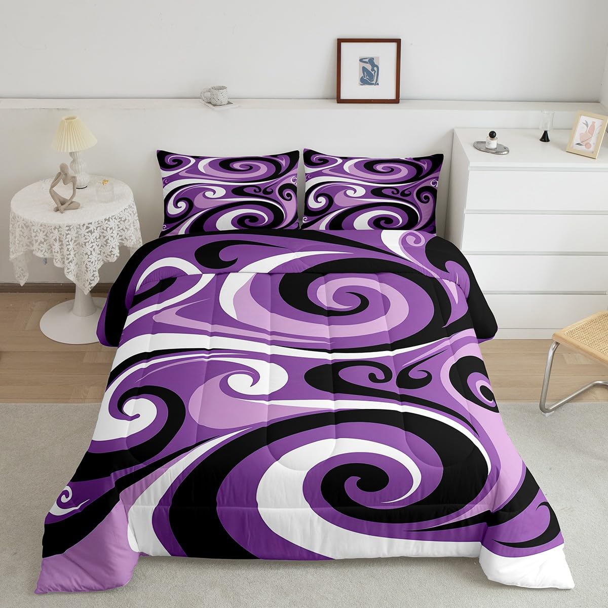 Loussiesd Black Purple Trippy Swirl Duvet Set Circle Geometric Bedding Set for Women Men Bedroom Farmhouse Abstract Retro Stripe Duvet Insert King Size 3Pcs