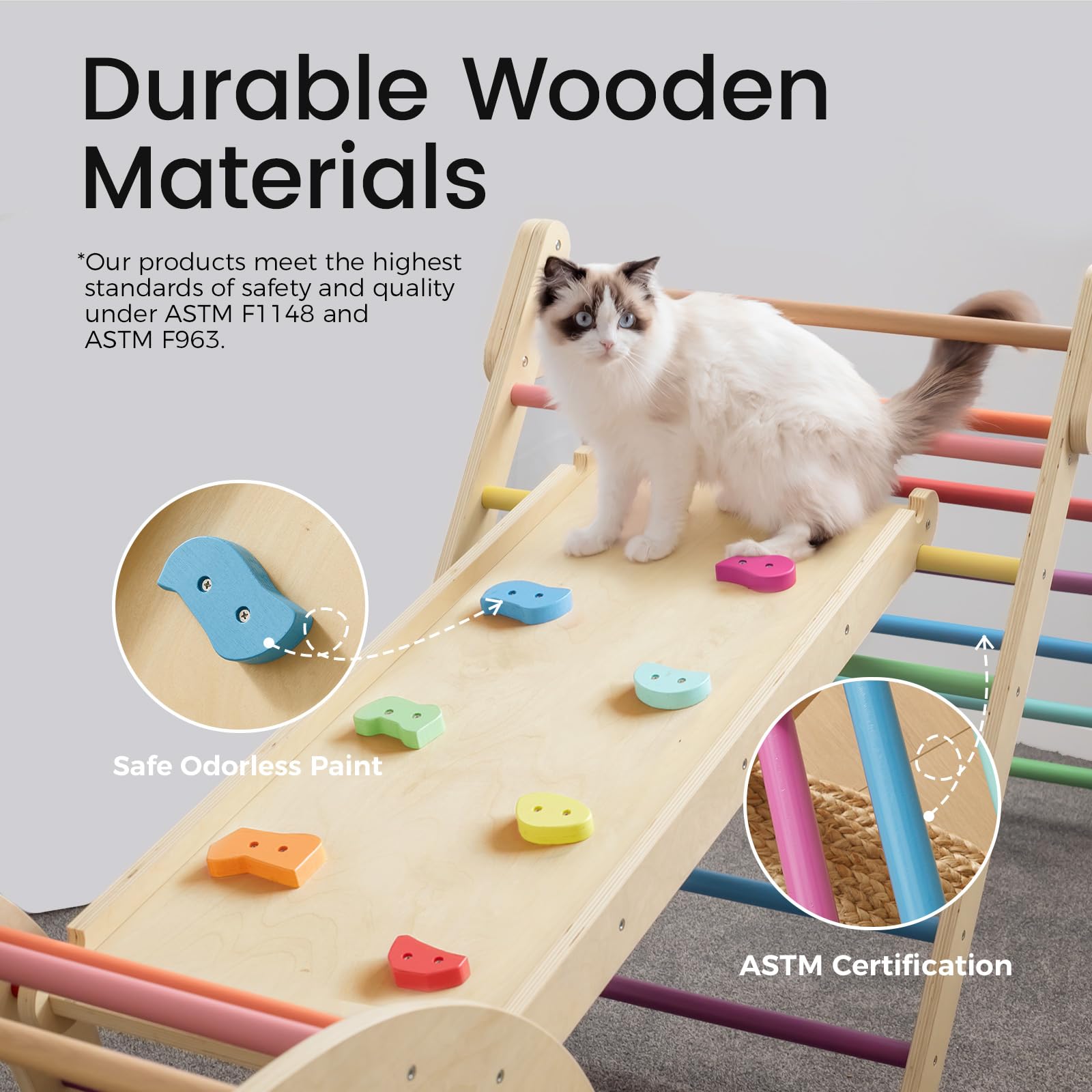 Tiny Land Pikler Triangle Set, 7-in-1 Foldable Pikler Triangle Climbing Toys Set for Kids,Baby Indoor Playground Jungle Gym, Wooden Montessori Climbing Set for Toddler (Rainbow)