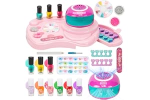MGIVYAR Kids Nail Polish Set for Girls, Nail Art Kit with Nail Dryer, 9 Peel Off Washable Polish, 24 Press on Fake Nails, Glitter Powder, Gifts for Girls Ages 6-12
