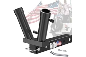 Tanfix Foldable Double Hitch Mount Flagpole Holder | All Metal Heavy- Duty, Fits Standard 2" Trailer Hitch, Compatible with Jeep, Truck, SUV, RV, Pickup, Camper Trailer (Double Flagpoles)