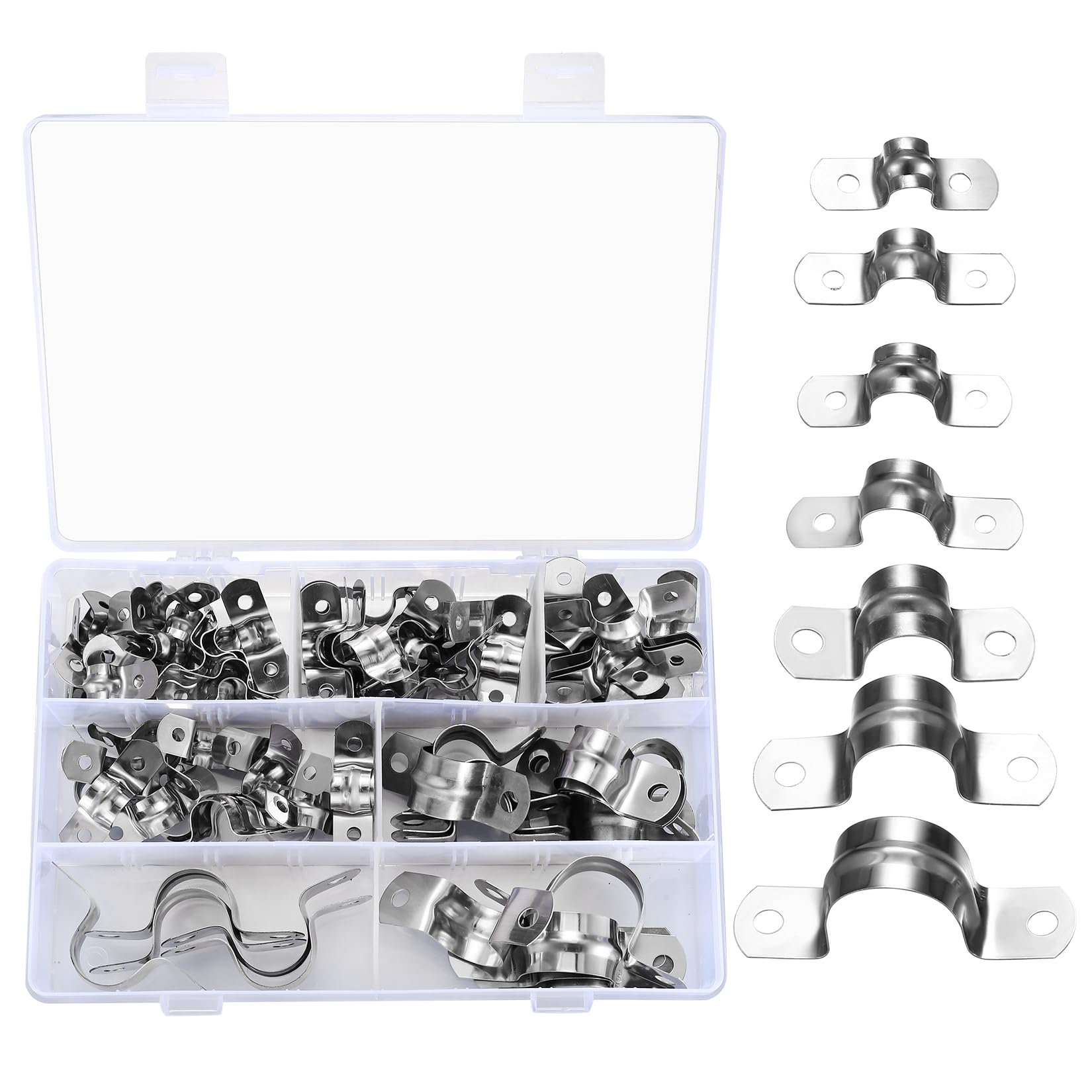 qxayxa 90 Pcs Stainless Steel U‑Shaped Pipe Clamps, Two‑Hole Pipe Straps, 7 Sizes, Rust‑Resistant Assortment for Tubing, Conduit, Hose and Cable Routing, Organized in Storage Box