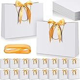 Kolldenn 50 Pcs Gift Bags with Handle 12.6 x 10 x 4.3 Inch White Gold Thank You Bag with Bow Ribbon for Christmas Wedding Birthday Bridal Shower Bridesmaid Graduation Party Favor