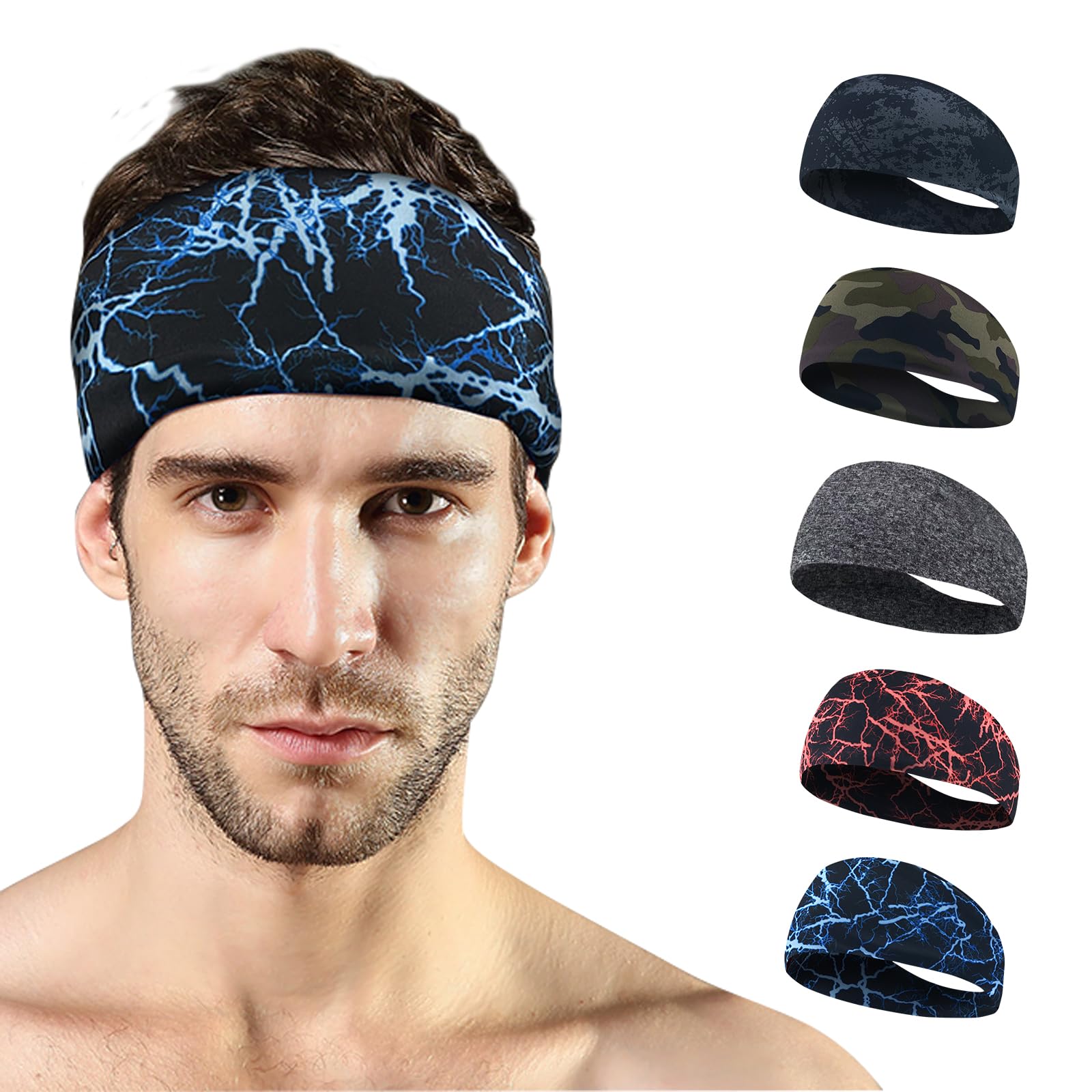 Mens Running Headband, 5Pack,Mens Sweatband Sports Headband for Running,Cycling,Basketball,Yoga,Fitness Workout, Headwear