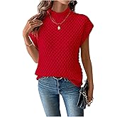 SHENHE Women's Sweaters Vest Cap Sleeve Turtleneck Crochet Knit Tops Short Sleeve Sweater Fall Pullover Top