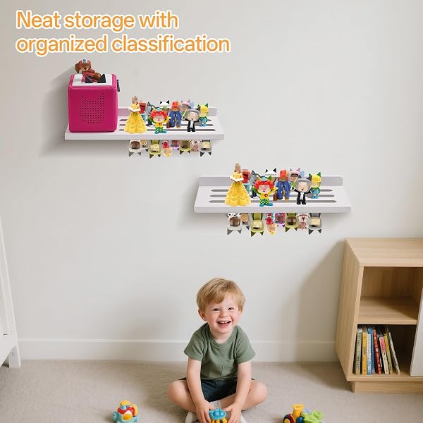 GIEANOO FOR TONIE SHELF, TONIES FIGURES HOLDER FOR WALL DISPLAY 60-75 CHARACTERS SET OF 2 WHITE PINE TONIEBOX PLAYER, CHILDREN’S ROOM DECORATIONS AND GIFTS(16IN+12IN)