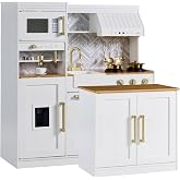 Best Choice Products Kids Wooden Play Kitchen with Island, Ages 3+, White | Kitchen playset for toddlers with espresso maker, refrigerator with ice maker, light-up burners, 17 accessories &amp; toy storage