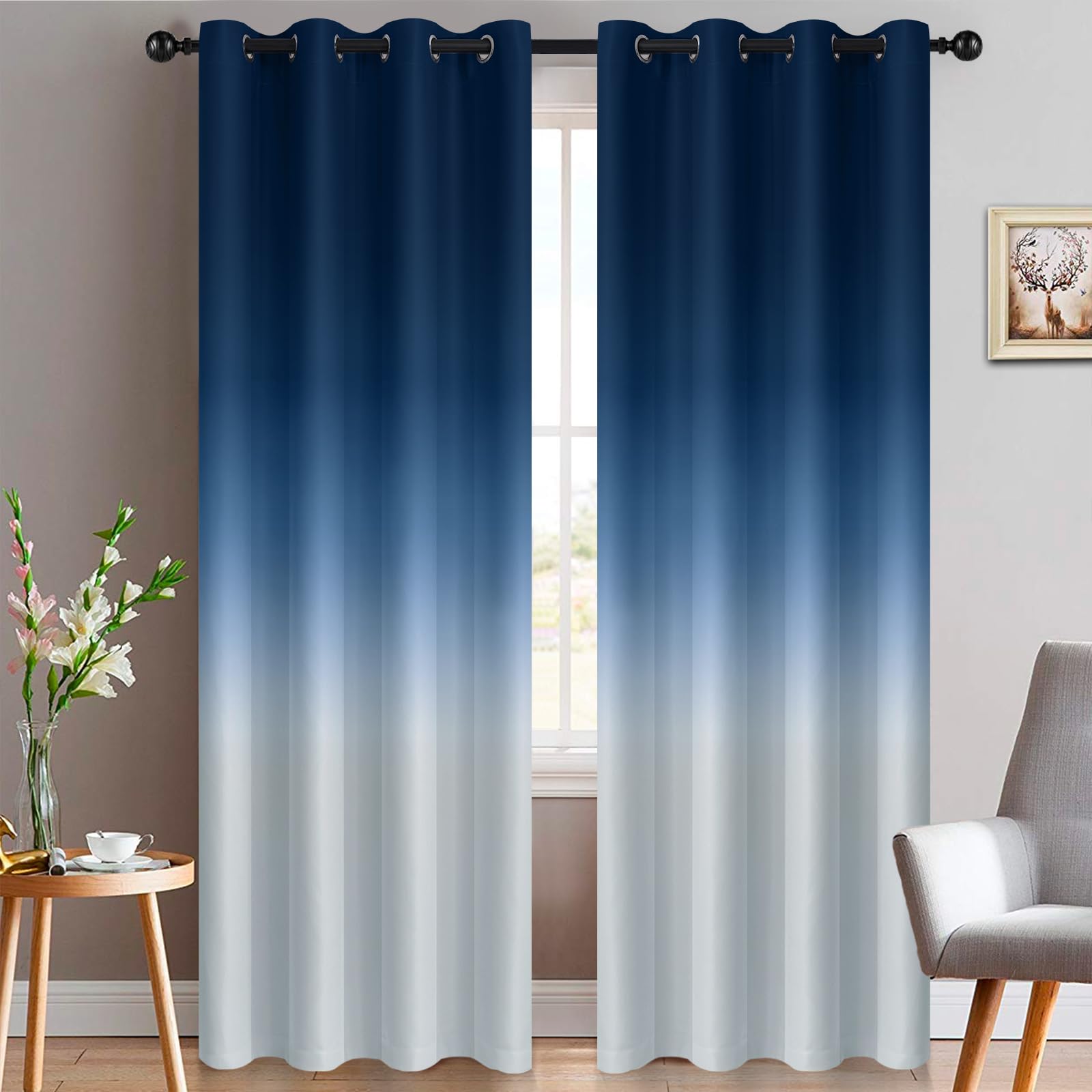 Yakamok Blue and Greyish White Thickening Polyester Ombre Curtains, Light Blocking Gradient Color Curtains, Room Darkening Grommet Window Drapes for Living Room/Bedroom (2 Panels, 52x84 Inch)