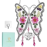 LARAINE Butterfly Suncatcher with Pressed Colourful Flower Wings Mother's Day Butterfly Glass Wind Chime Ornament Charm with Metal Heart Gifts for Grandma Aunt Birthday (Pink, Mom)