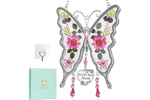 LARAINE Butterfly Suncatcher with Pressed Colourful Flower Wings Mother's Day Butterfly Glass Wind Chime Ornament Charm with Metal Heart Gifts for Grandma Aunt Birthday (Pink, Mom)