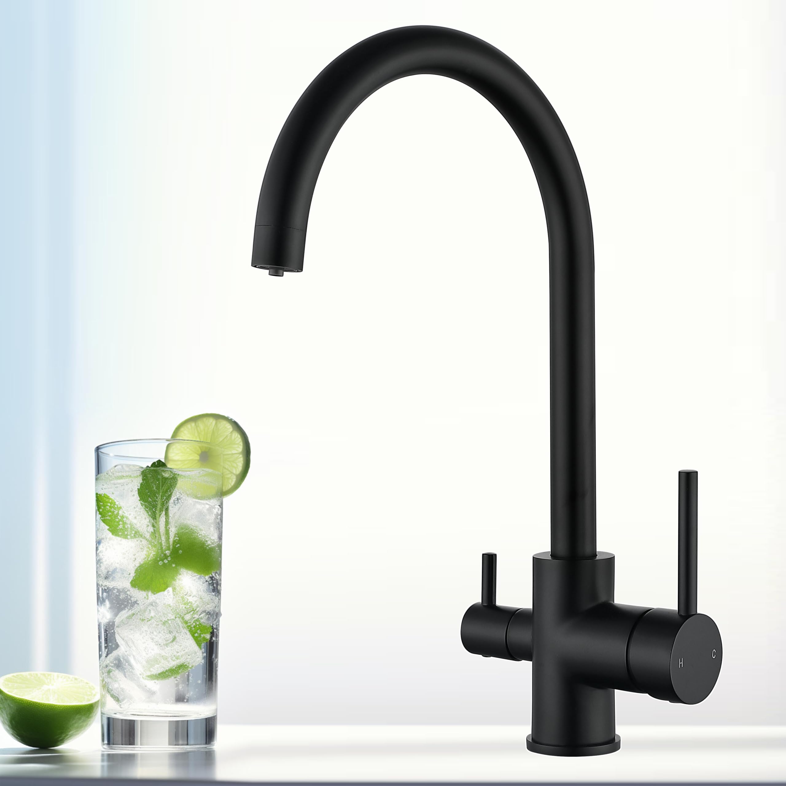 Techzm Three Way Water Filter Tap 3 in 1 Kitchen Mixer with Drinking Filtered Water Outlet Dual Lever Lead Free Kitchen Sink Tap Swivel Spout Faucet Black