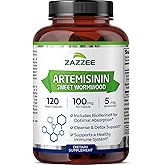 Zazzee High Absorption Artemisinin, 100 mg per Capsule, 120 Vegan Capsules, with 5 mg BioPerine for Maximum Absorption, Sweet Wormwood Extract, 4 Month Supply, All-Natural and Non-GMO