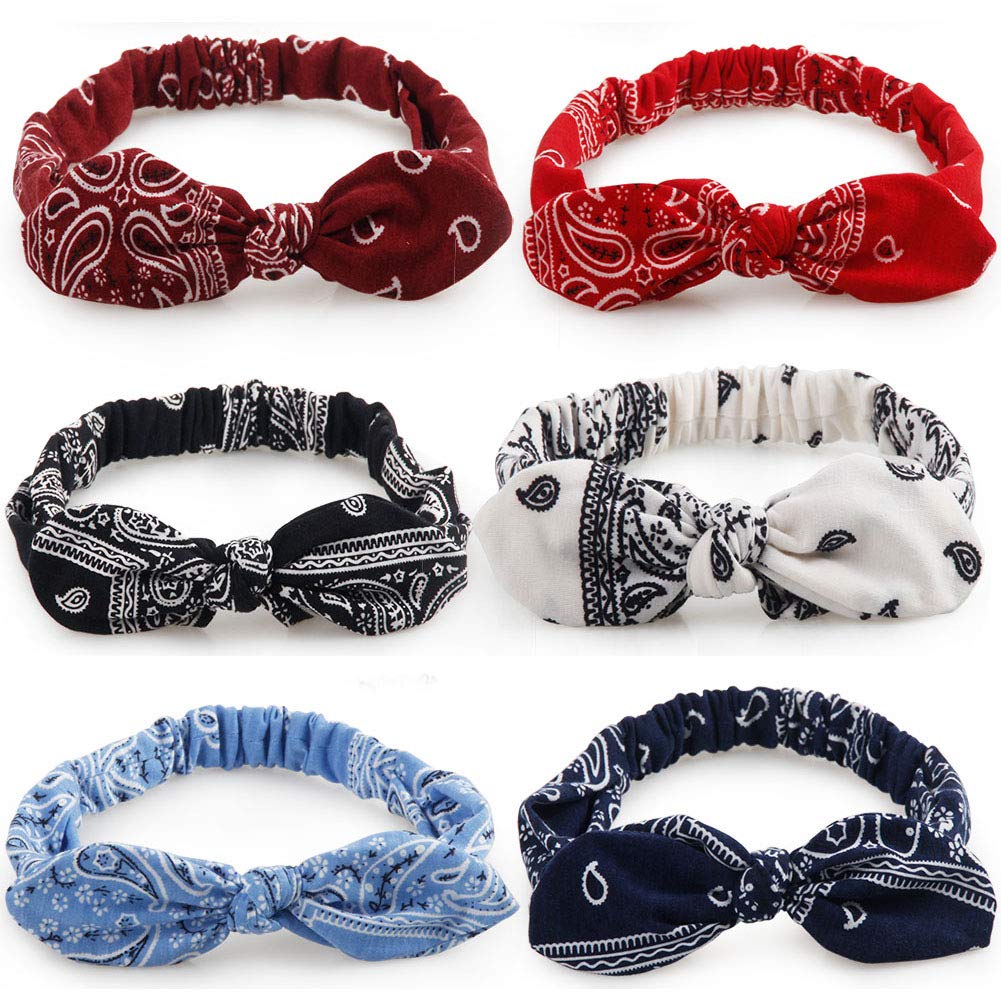 6 Pcs Women Solid Color Vintage Style Elastic Bow Hair Bands