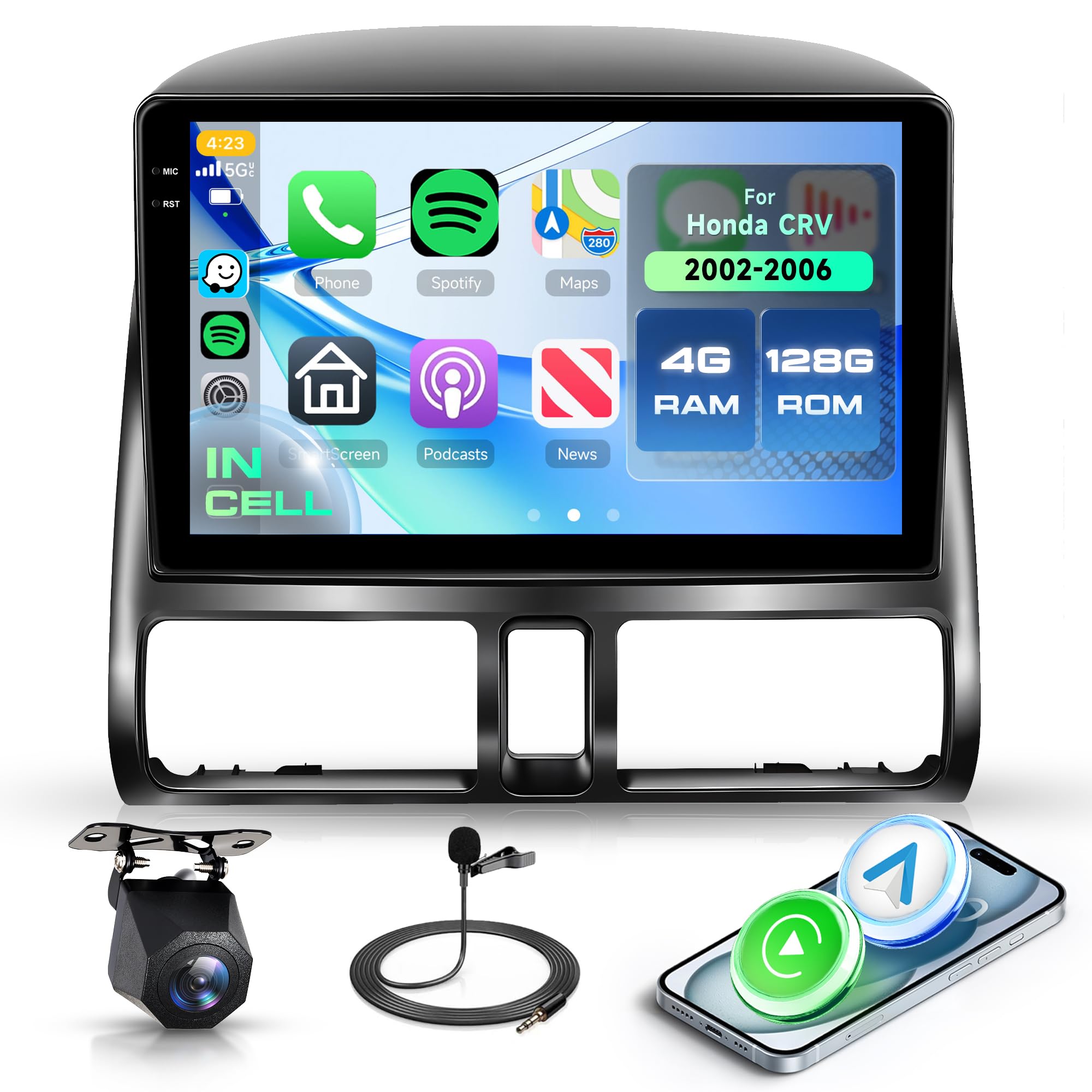 Photo 1 of 4+128G Android 15 Car Stereo Radio for Honda CRV 2002-2006 with Wireless Carplay Android Auto, 9’’ in-Cell Screen Head Unit with GPS Navigation Mirror Link Wi-Fi Bluetooth FM/RDS EQ Backup Camera SWC