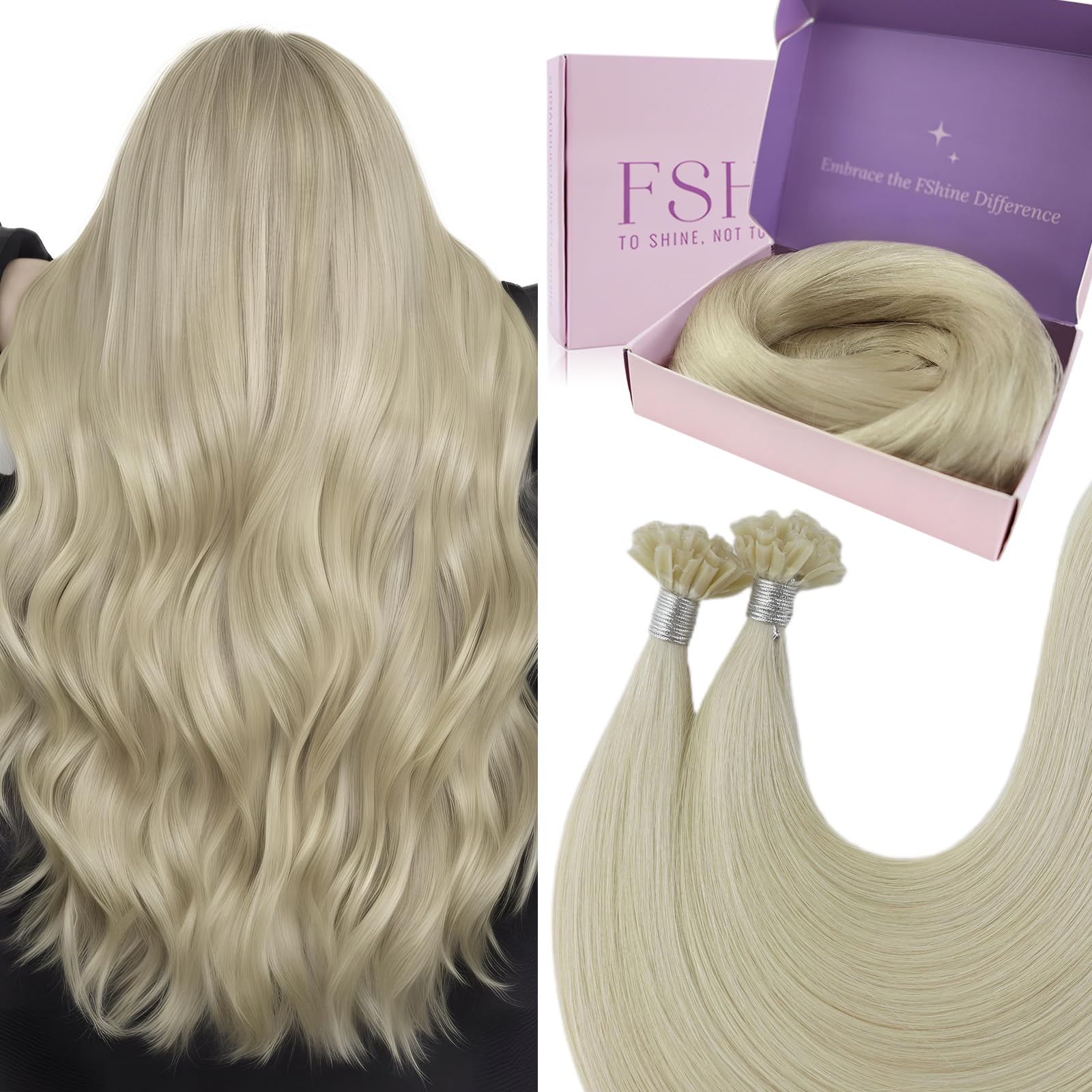 Fshine Platinum Blonde U Tip Hair Extensions 50g 20 Inch Blonde Remy Human Hair Extensions Keratin Tip Hair Extensions Hot Fusion Human Hair — image 1