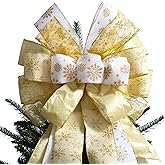 Large Christmas Tree Topper Bow 52x13 Inch, Pre-Tied Wired Ribbon Wreath Bows, Xmas Ornaments with Long Wired Edge Streamer for Holiday Thanksgiving Indoor Outdoor Party Decoration (White Gold)
