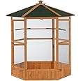 PawHut 69" Large Wooden Hexagonal Outdoor Aviary Flight Bird Cage with Covered Roof, Brown