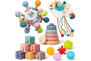 JYUSMILE Baby Toys 6 to 12 Months, 5 In 1 Montessori Toys for 1 Year Old, Incl Travel Pull String Toy & Rattle Teether & Stacking Baby Block & Soft Infant Ring & Sensory Ball for Toddler 0-3-6-9-12 Month