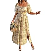 Floerns Women's Plus Size Floral Print Tie Front Square Neck Slit Hem Midi Dress