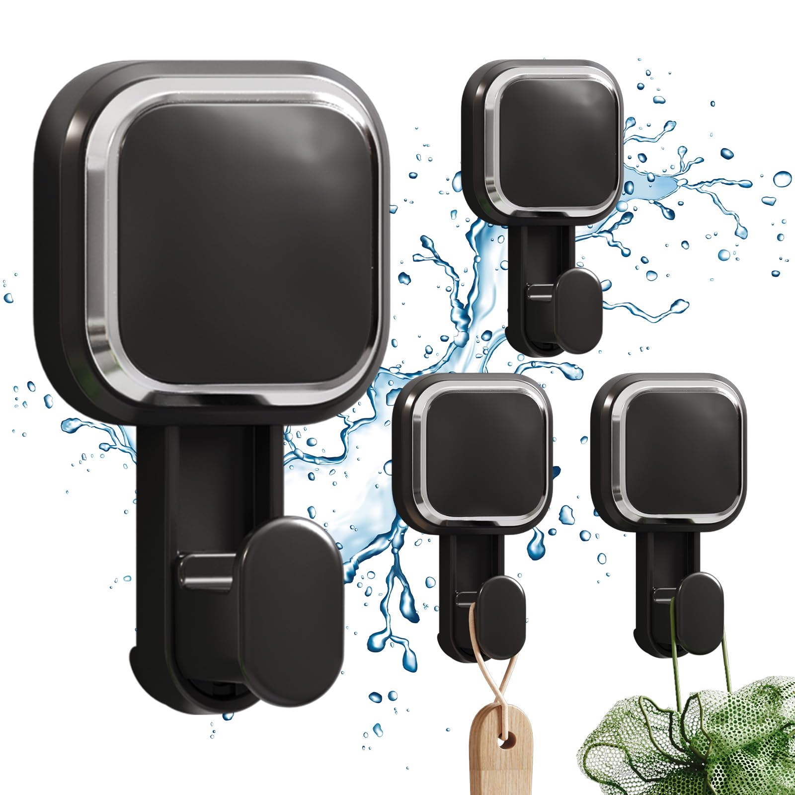 TAILI Suction Hooks for Bathroom Suction Cups Balck 4 Packs No Drilling Bathroom Towel Hooks Heavy Duty Shower Hanger for Wall, Kitchen, Towel Removable Waterproof Shower Wall Cups, Square Shaped