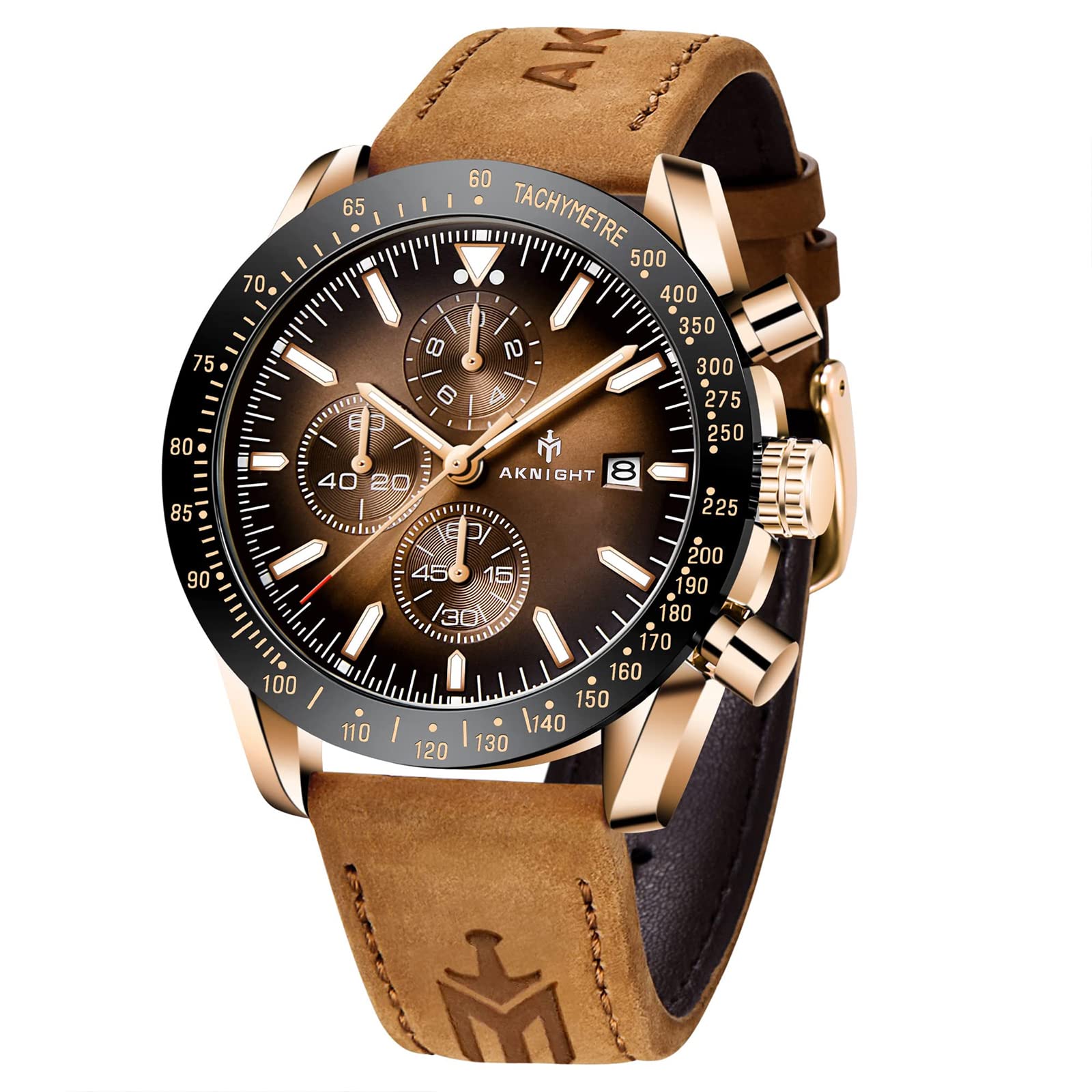 AKNIGHT Watch for Men Luxury Watches with Brown Leather Strap Timepiece Birthday Gift Wrist Watches, Luminous Sports Analog Quartz Movement Waterproof