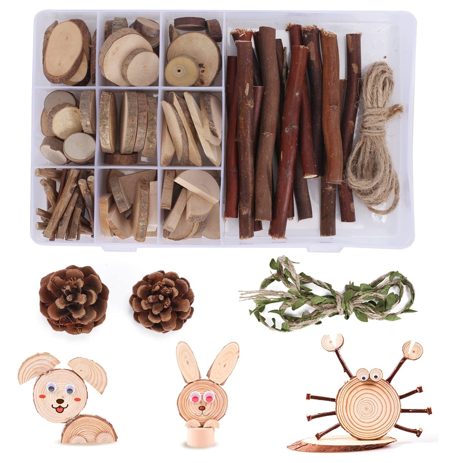 Luabue 110Pcs Wood Slices for Crafts 2-5cm Small Wooden Discs Unfinished Log Wooden Circles Wood Sticks for Crafting, Pine Cones Branches Twigs Craft Kit with Ropes for Preschool Classroom Art Project